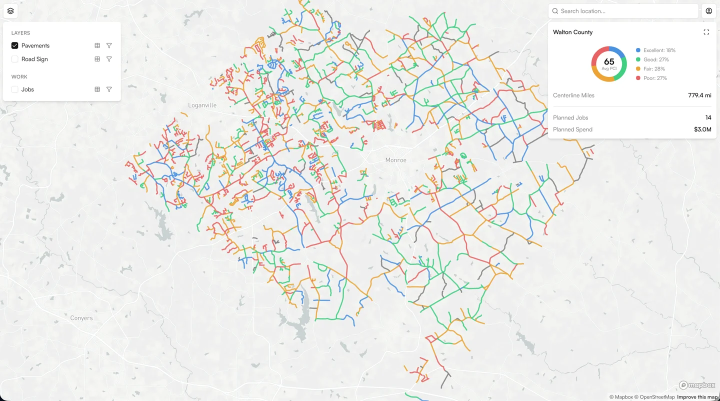 InfraHub pavement condition map for Walton County